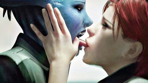 Shepard and Liara in passionate tongue kiss, Mass Effect 3D animation