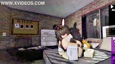 Animated Roblox catgirl in white crop top and yellow panties posing seductively on bed