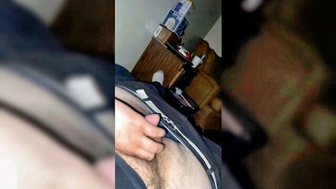 Hairy man masturbating inside underwear, solo amateur wank