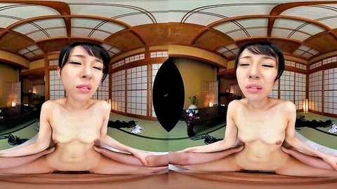 Slim Japanese teen nude in VR split pose, spreading legs wide