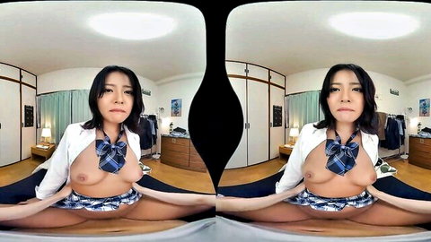 Japanese schoolgirl in open blouse exposing breasts, legs spread in VR erotic pose