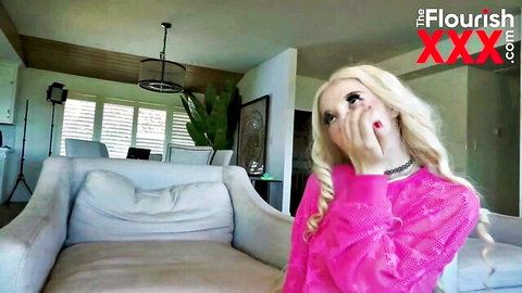 Kenzie Reeves blonde petite in pink mesh top, playful tease