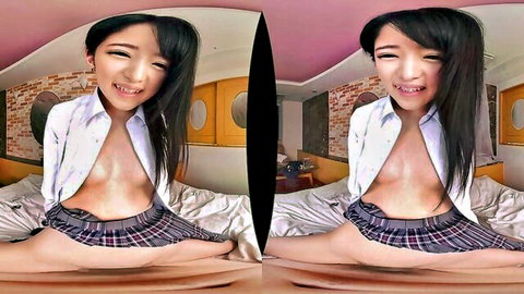 Japanese schoolgirl in open blouse flashing perky tits and upskirt pussy on bed POV