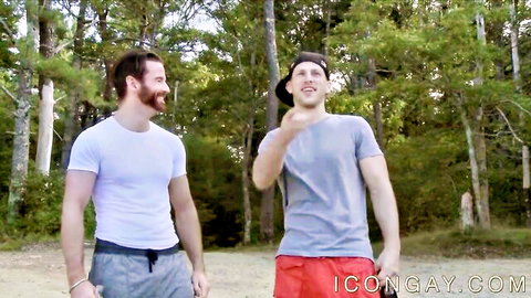 Two muscular guys in woods on secret gay date, shy beauty's ass pounded