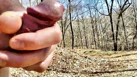 Hand gripping thick veiny purple dildo outdoors in sunny forest woods
