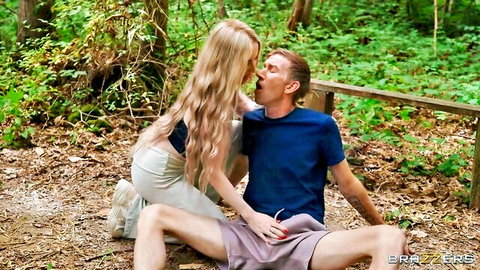Georgie Lyall passionately kissing Danny D outdoors in steamy Brazzers scene