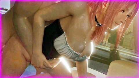 Pink-haired Asian woman in black lingerie riding man in cowgirl position