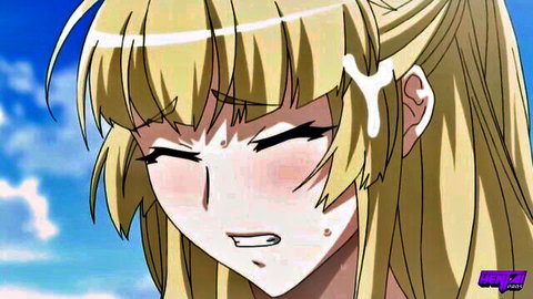 Blushing blonde anime girl with cum on hair in hentai bondage scene