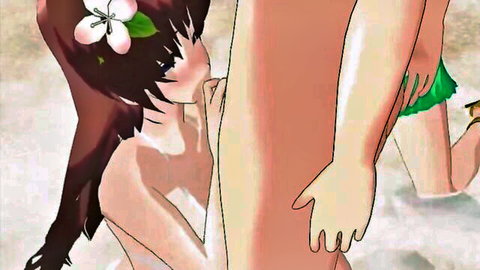 Hentai anime girl with flower hair kneeling nude for blowjob in water, friend in green skirt nearby