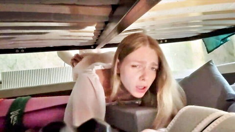 Arisha Mills blonde stepmom stuck under bed with anal plug in ass