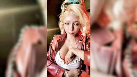 Umeko J as Gemma in Monster Hunter Wilds cosplay, blonde hair, deep cleavage in red leather jacket
