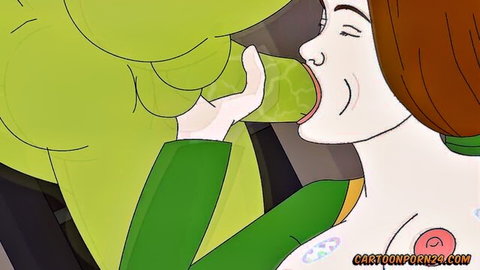 Cartoon brunette with big tits sucks massive green monster cock eagerly.