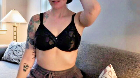 Bettie Bondage in black lace bra, curvy with tattoos, romantic POV tease