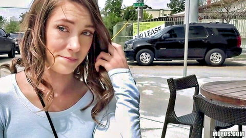 Kirsten Lee, sexy brunette in outdoor quickie by car, teasing smile
