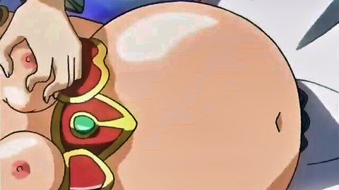 Busty hentai valkyrie with swollen belly groped by slime tentacles in erotic scene