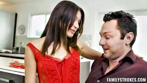 Stepdaughter in red lingerie teases stepdad on Valentine's Day