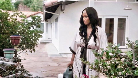 August Skye in silky robe, curvy brunette outdoors teasing