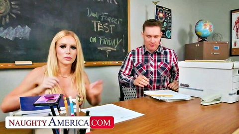 Blonde professor Danielle Renae teases in low-cut top with student in class