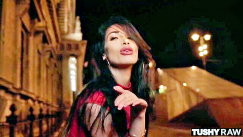 Stunning French brunette in sheer red dress blows kiss, perfect ass for anal fuck