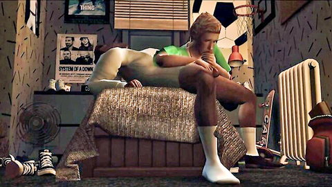 Sims 4 twink in green shirt gets intimate with partner on bed after shower