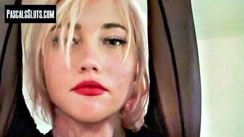 Misha Mayfair blonde submissive in black top with red lips