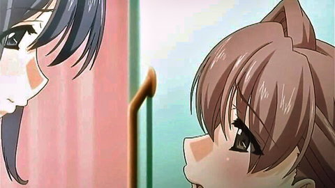 Anime stepmom and cat-eared daughter in intimate wet lesbian embrace