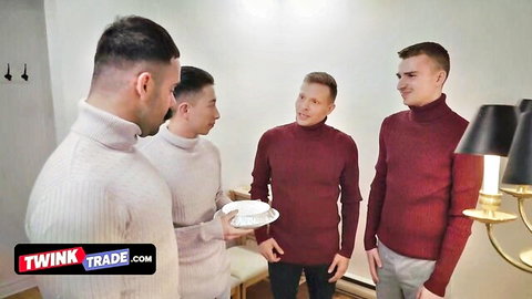 Teddy Torres and twink stepdads in turtlenecks handling Thanksgiving dinner and boner