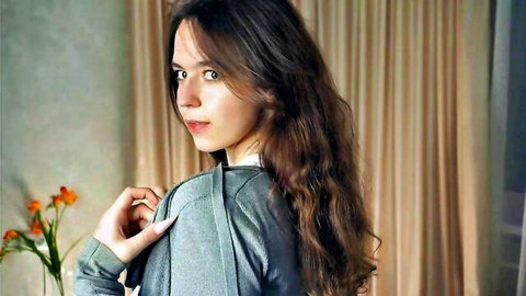 Cutemayana young cute brunette looking back in sexy gray top, amateur tease
