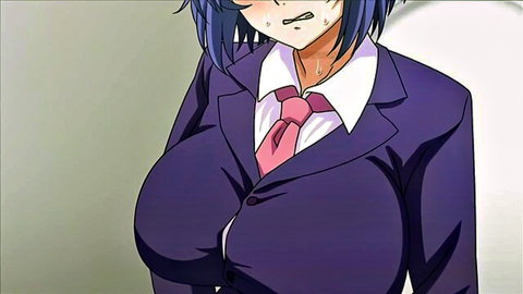 Blue-haired anime girl in tight suit with massive breasts, sweating aroused
