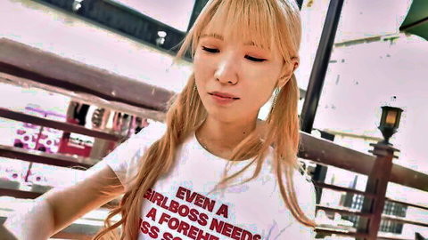 Moon Flower, Asian blonde in pigtails, casual white t-shirt outdoor pose