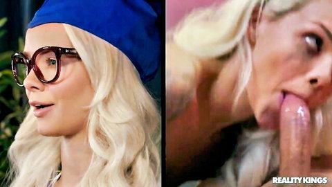 Elsa Jean blonde in glasses and beret giving intense blowjob