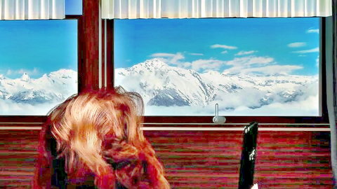 Blonde futanari anime girl gazing at snowy mountains from window