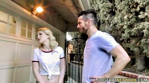 Lily Rader in interracial cuckold gangbang scene, blonde petite model teasing outdoors