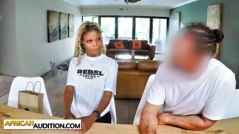 Ebony big butt girl in Rebel t-shirt with blurred man, steamy hardcore preview