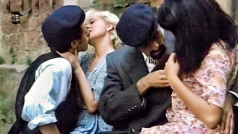 Vintage Italian blonde passionately kisses two men in steamy group scene