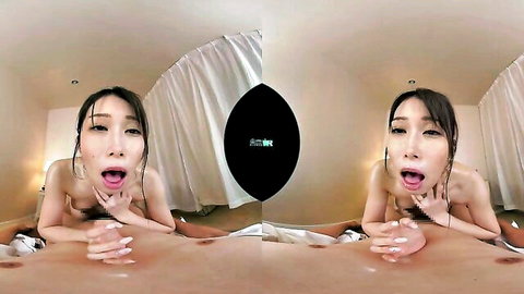Nude Japanese beauty teasing orally in passionate VR massage scene