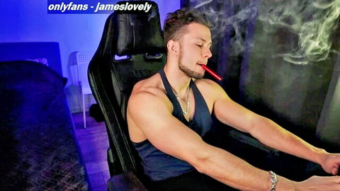 Muscular James Lovely smoking in tank top, gay OnlyFans teaser
