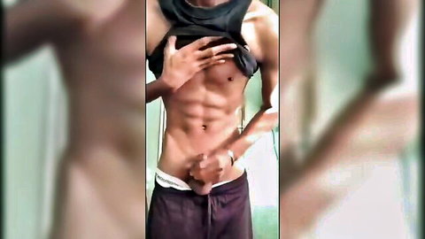 Slim twink teasing bulge and abs in amateur selfie