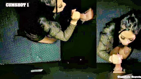 Kimberly Love brunette sucking big dick through gloryhole