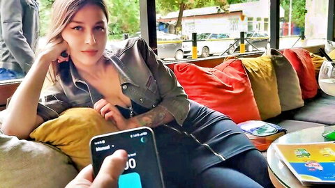 Stepsister remote control orgasm in bar, public vibrator tease with cleavage
