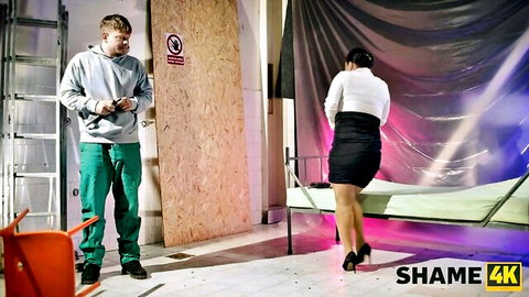 Christina Santes in tight skirt bent over at work, horny stranger approaches