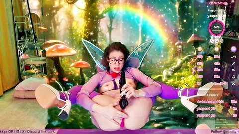 Skinny fairy cosplay babe spreads shaved pussy wide holding purple dildo on webcam