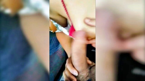 Indian brunette gives sloppy blowjob to stranger's thick cock on public bus in red bra