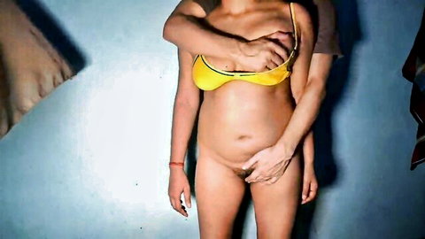 South Asian amateur in yellow bikini top groped on small tits and bare pussy by man's hands