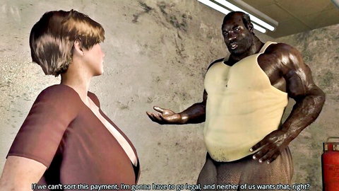 Busty white woman in cleavage-revealing top faces huge muscular black stud gesturing in garage