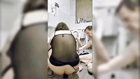 Gigi tgirl in sheer lingerie squatting for partner in intimate scene