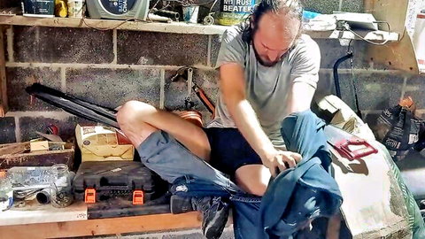 Nick Roderick exposing cock in shed, solo male amateur pull-down