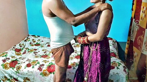 Lalitabhabhi in purple saree hugged intimately by man in amateur scene