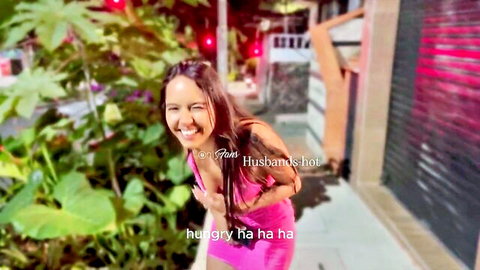 Smiling Latina babe in tight pink dress outdoors, amateur cowgirl porn thumbnail