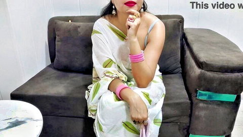 Sexy Indian MILF in sheer saree teases with slipped shoulder exposing cleavage and big tits